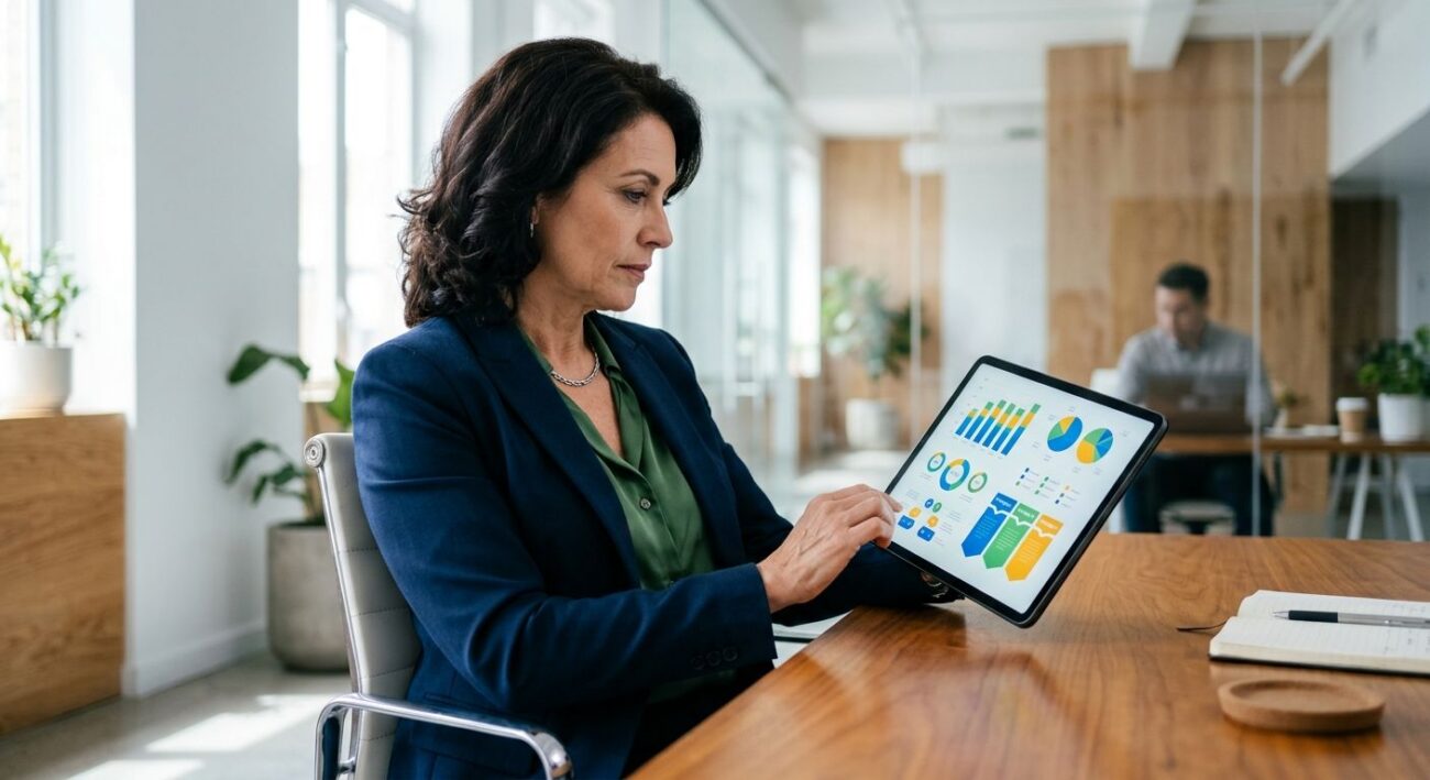 Professional photograph of a business owner reviewing a competitive cost analysis on a tablet in a modern office setting
