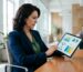 Professional photograph of a business owner reviewing a competitive cost analysis on a tablet in a modern office setting
