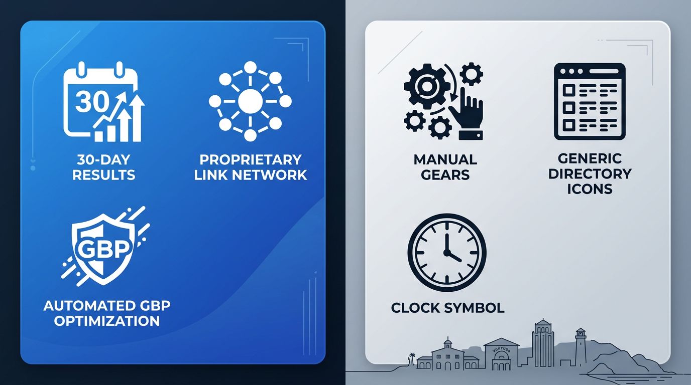Split-screen infographic comparing AI-driven local SEO vs traditional SEO, with blue icons on left for 30-day results, link network, and GBP optimization, and gray icons on right for manual gears, directories, and clock symbol, with Ventura skyline silhouette.
