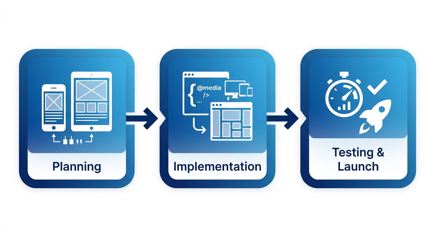 Three-stage horizontal process flow showing responsive web design: Planning, Implementation, Testing and Launch.