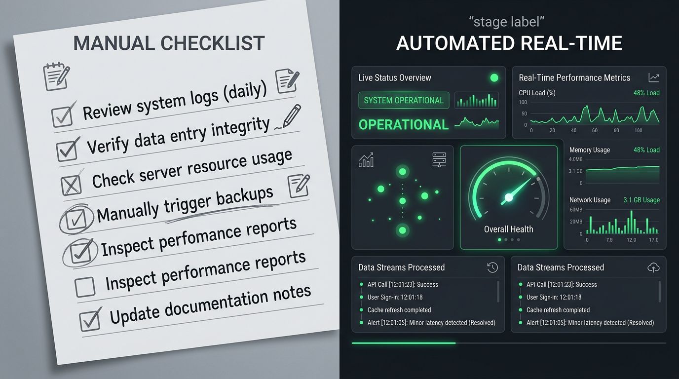 AI-driven SEO automation dashboard contrasting manual and automated workflows