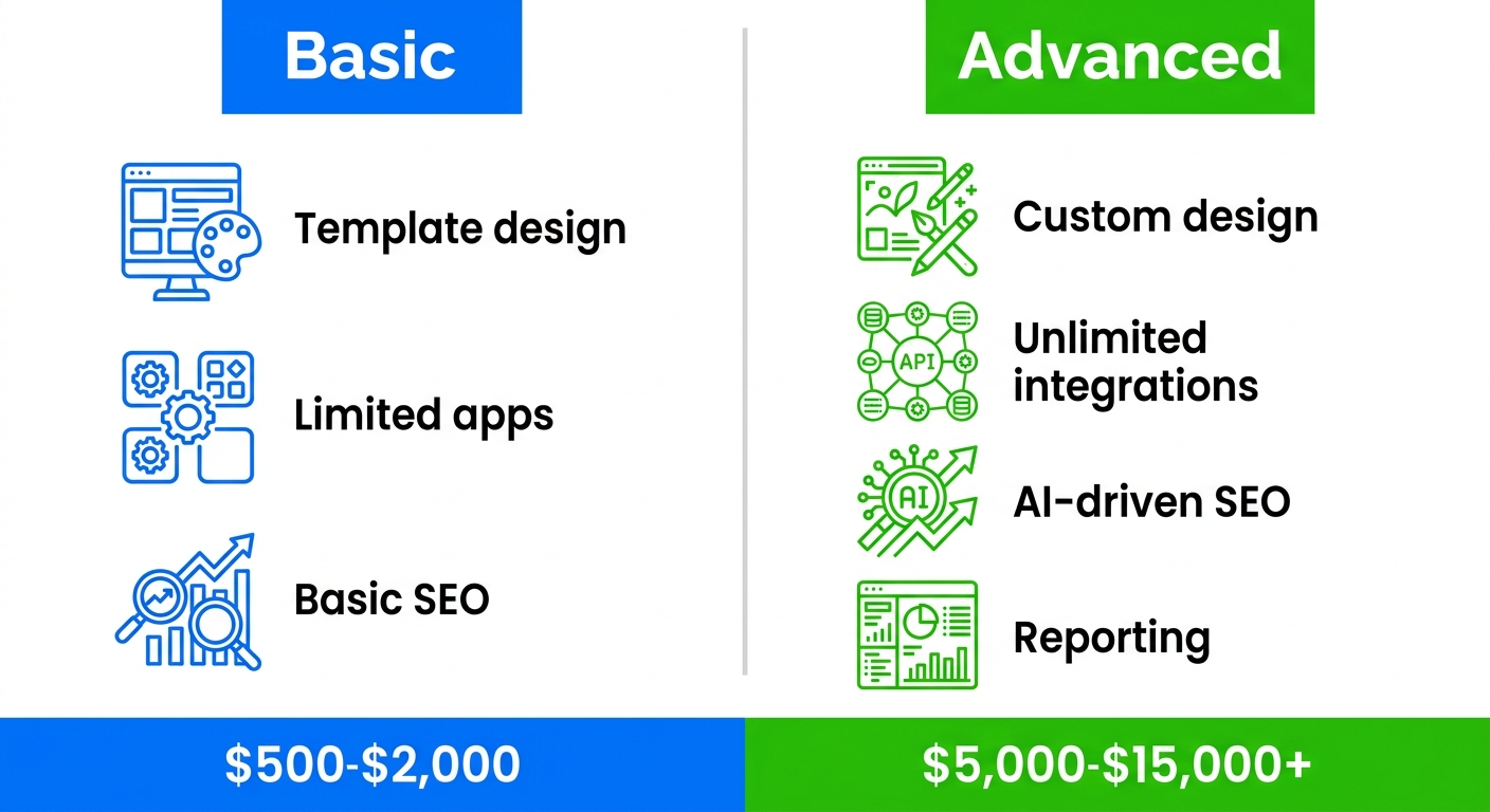 Two-column infographic comparing Basic and Advanced Shopify development packages with cost scales and feature icons.