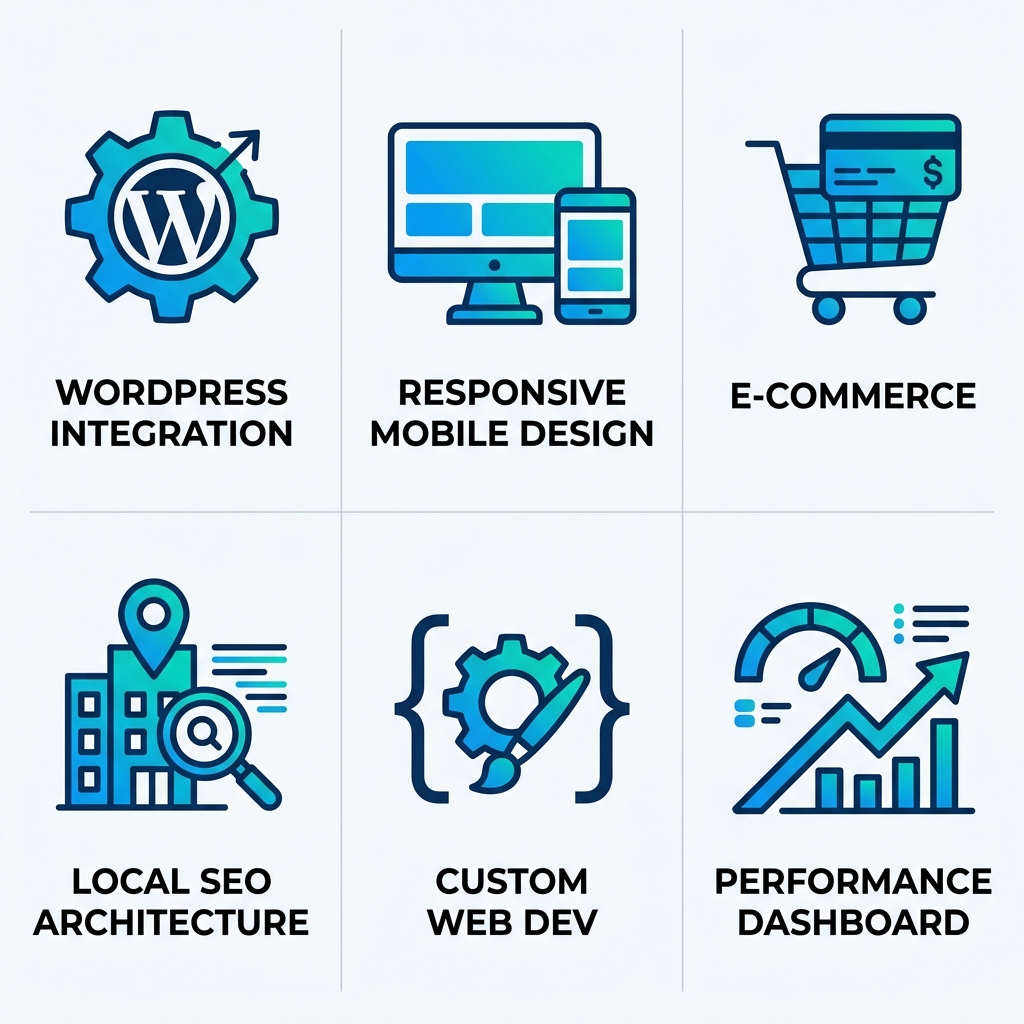 Flat icon grid of six website design services for Akron Ohio including WordPress integration, responsive mobile design, e-commerce functionality, local SEO architecture, custom web development, and performance dashboard tracking