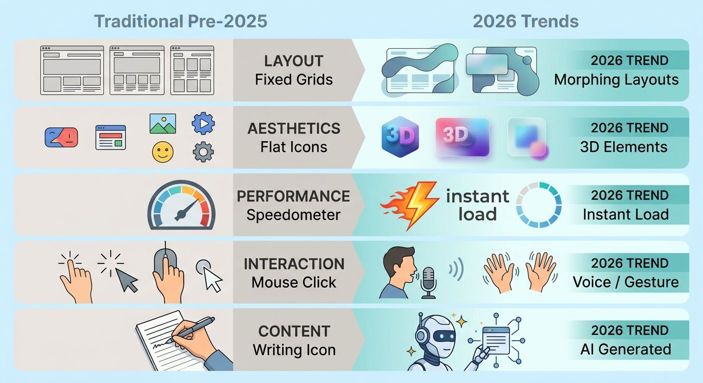 Side-by-side comparison infographic of traditional web design principles versus 2026 trends across layout, aesthetics, performance, interaction, and content categories