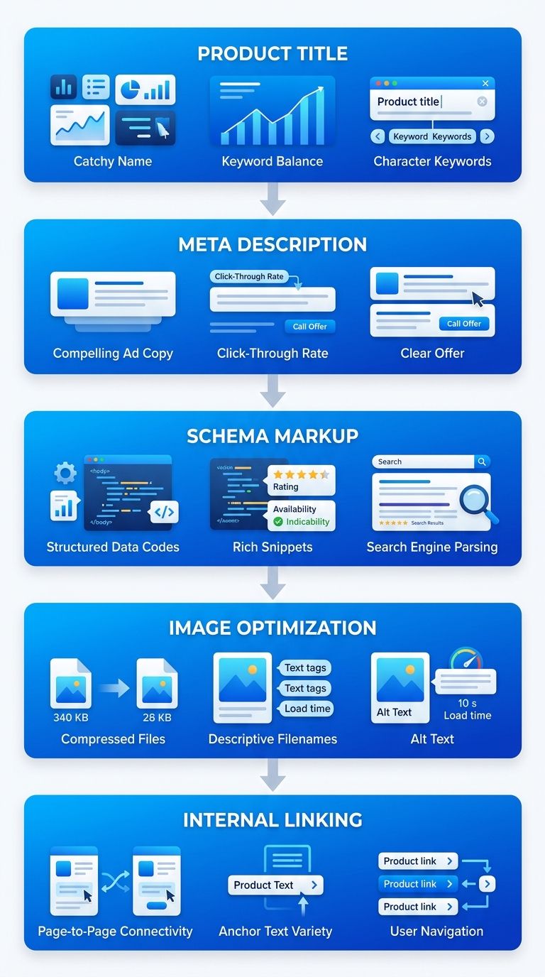 Five-step vertical process flow for optimizing ecommerce product pages showing product title, meta description, schema markup, image optimization and internal linking stages.