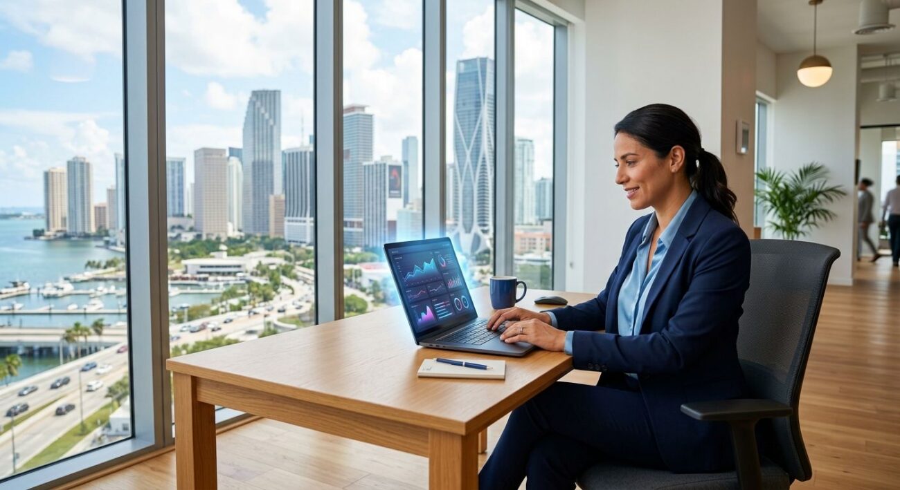 Professional SEO analyst viewing analytics on laptop in bright Miami office with city skyline view