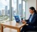 Professional SEO analyst viewing analytics on laptop in bright Miami office with city skyline view