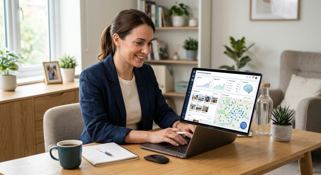 Small business owner using laptop with social media dashboard, local map pins, and AI icon in a modern workspace