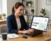 Small business owner using laptop with social media dashboard, local map pins, and AI icon in a modern workspace