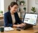 Small business owner using laptop with social media dashboard, local map pins, and AI icon in a modern workspace