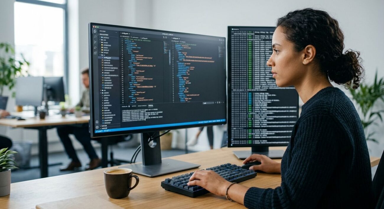 Developer working on website configuration on dual monitors in a clean office