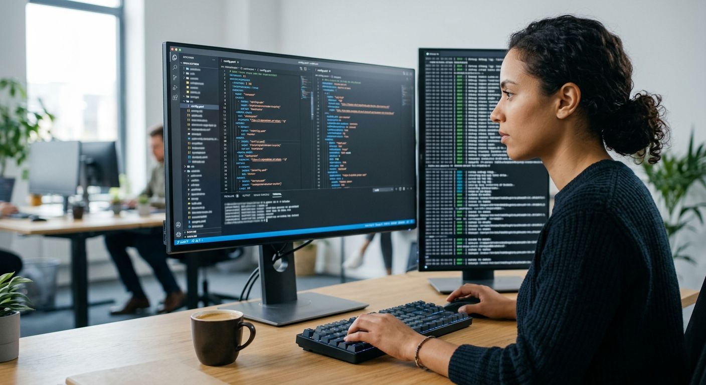 Developer working on website configuration on dual monitors in a clean office
