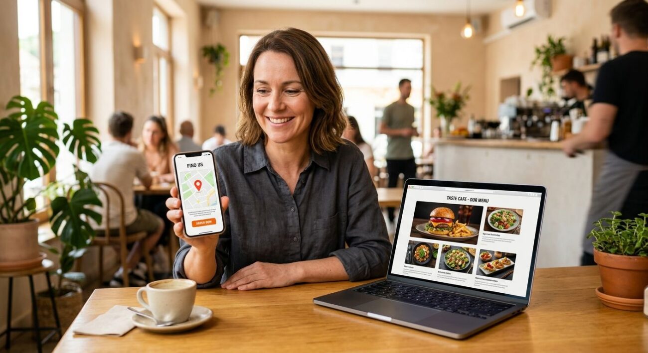 Restaurant owner holding smartphone showing restaurant website with local map and order button, laptop displaying menu with food photography