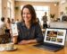 Restaurant owner holding smartphone showing restaurant website with local map and order button, laptop displaying menu with food photography