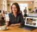 Restaurant owner holding smartphone showing restaurant website with local map and order button, laptop displaying menu with food photography