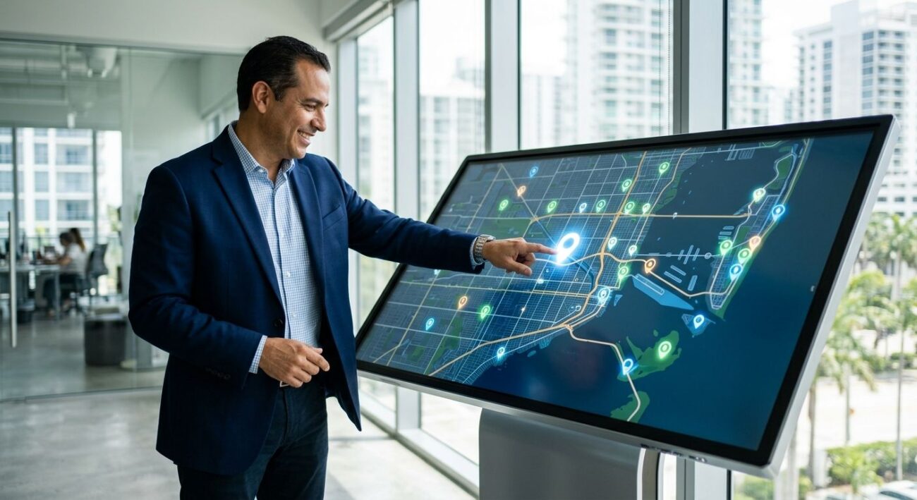 Local business owner pointing at glowing geo-pin on a digital map in a modern Miami office