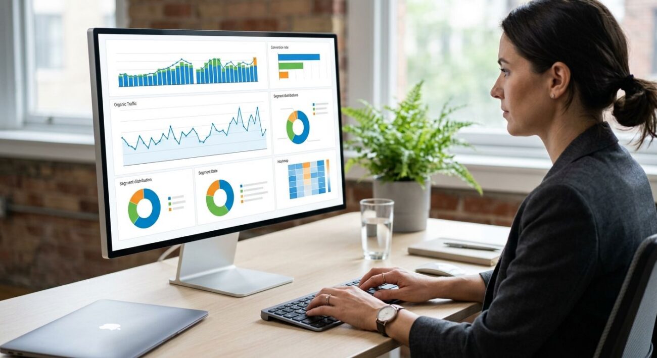A digital marketer working at a desk with a monitor showing a data dashboard with charts and graphs, representing GA4 reporting integration.