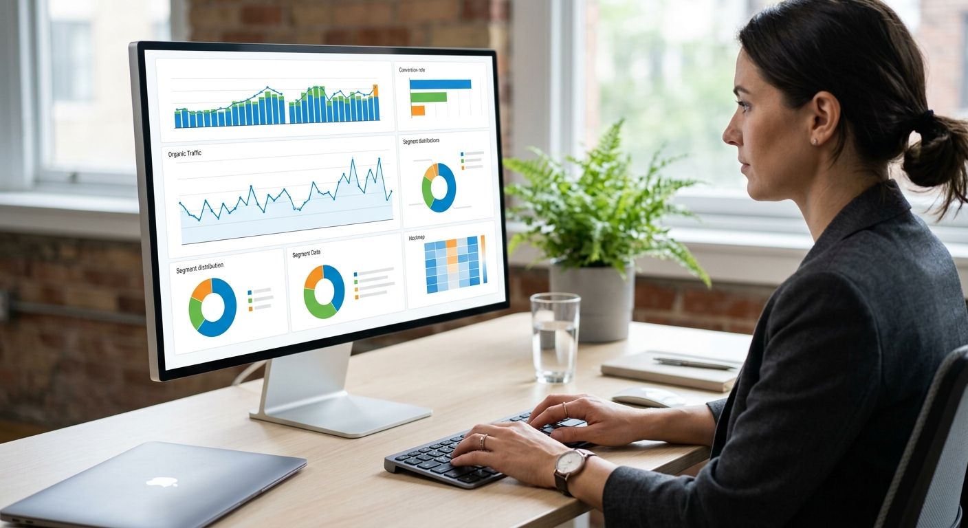 A digital marketer working at a desk with a monitor showing a data dashboard with charts and graphs, representing GA4 reporting integration.