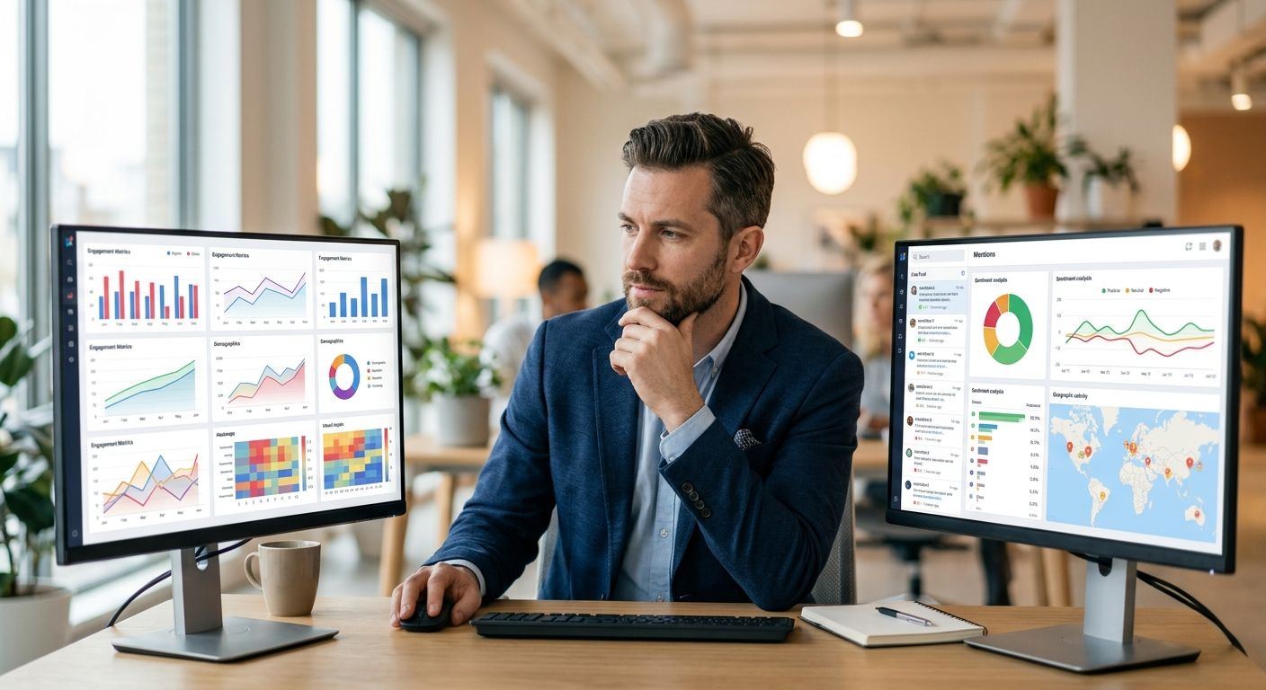 Business professional comparing Sprout Social and Brand24 social listening platforms on dual computer screens in modern office