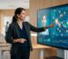 Marketing strategist gesturing toward 3D AI digital twin avatar on large screen with local maps and data streams