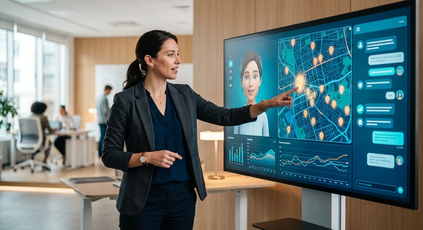 Marketing strategist gesturing toward 3D AI digital twin avatar on large screen with local maps and data streams