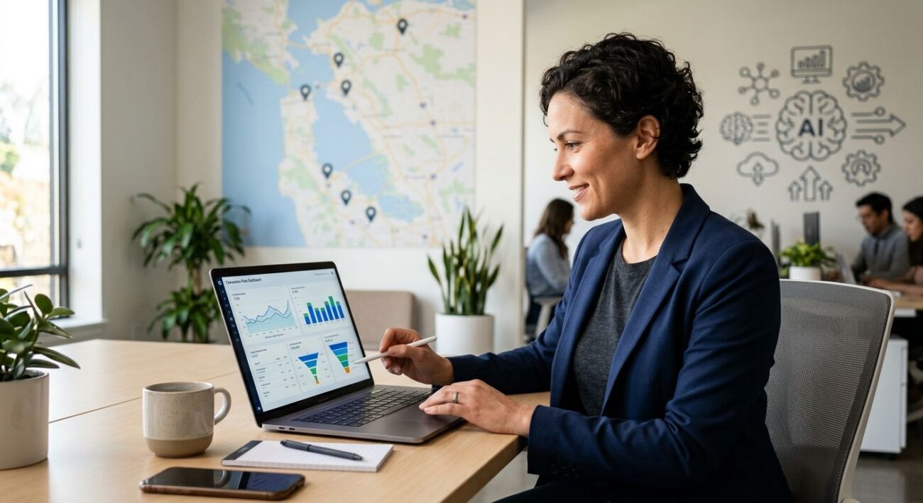 Small business owner reviewing conversion rate optimization dashboards on laptop in modern office