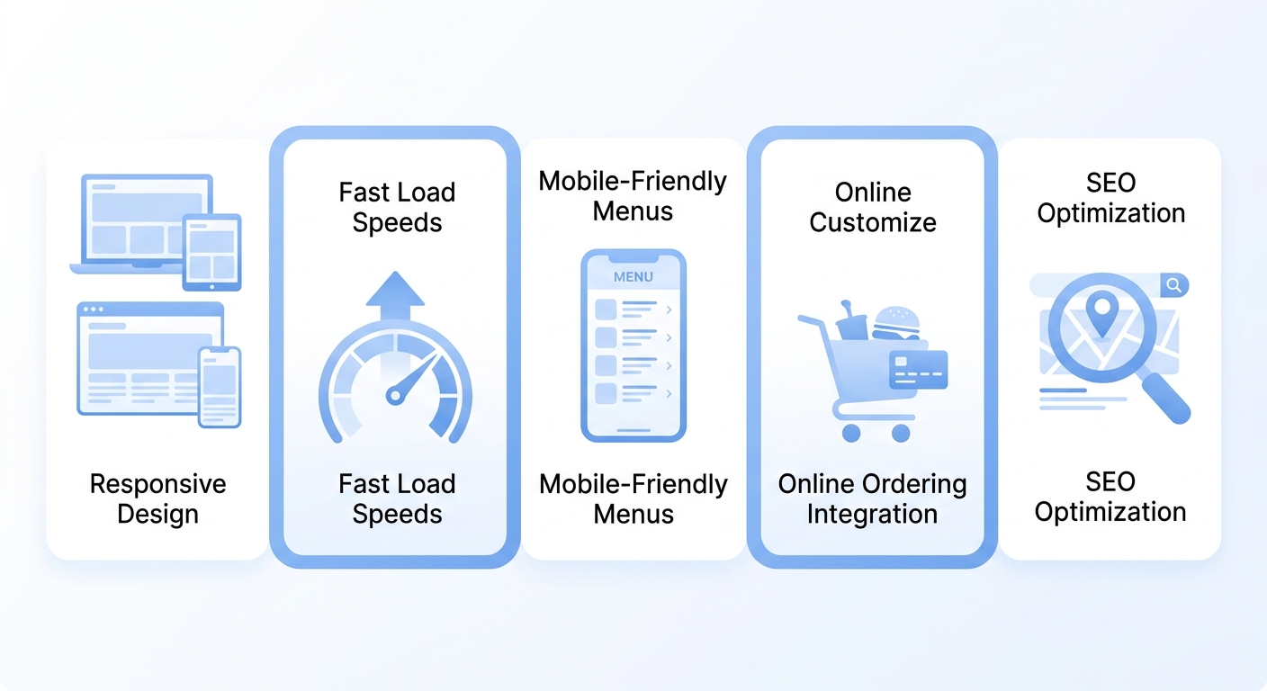 Infographic displaying five core elements of restaurant web design: responsive design, fast load speeds, mobile-friendly menus, online ordering integration, and SEO optimization, each represented by a clean icon in a soft blue and white palette.