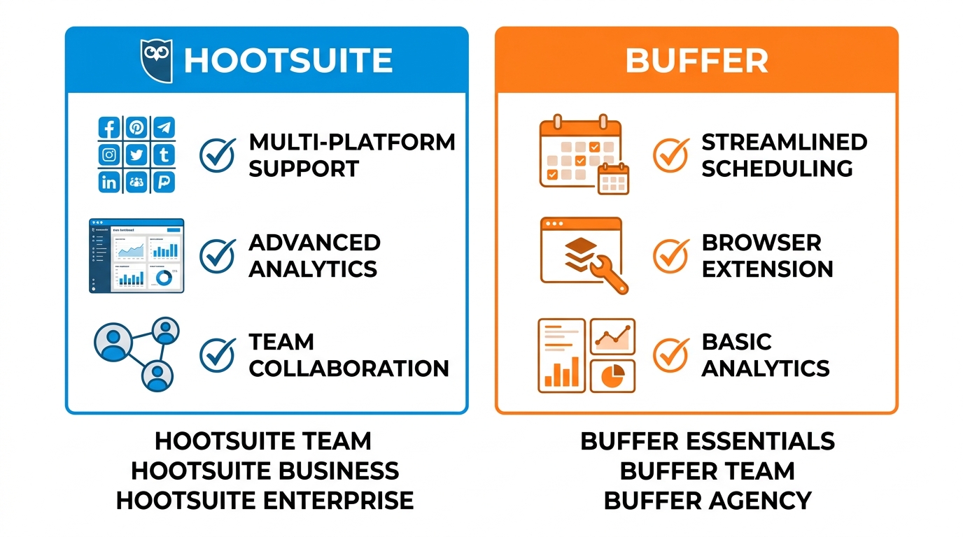 Side-by-side comparison of Hootsuite and Buffer social media management tools