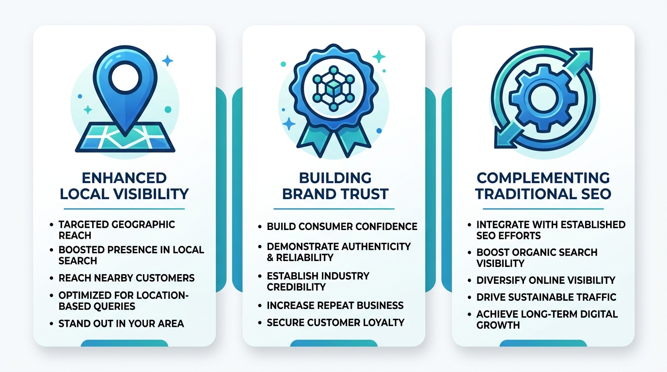 Infographic showing three key benefits of geo-pinned marketing portals for local businesses: enhanced local visibility, brand trust, and complementing traditional SEO.