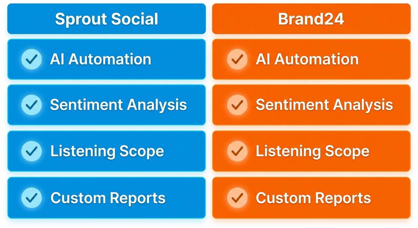 Infographic comparing Sprout Social and Brand24 features including AI automation, sentiment analysis, social listening, and custom reports.