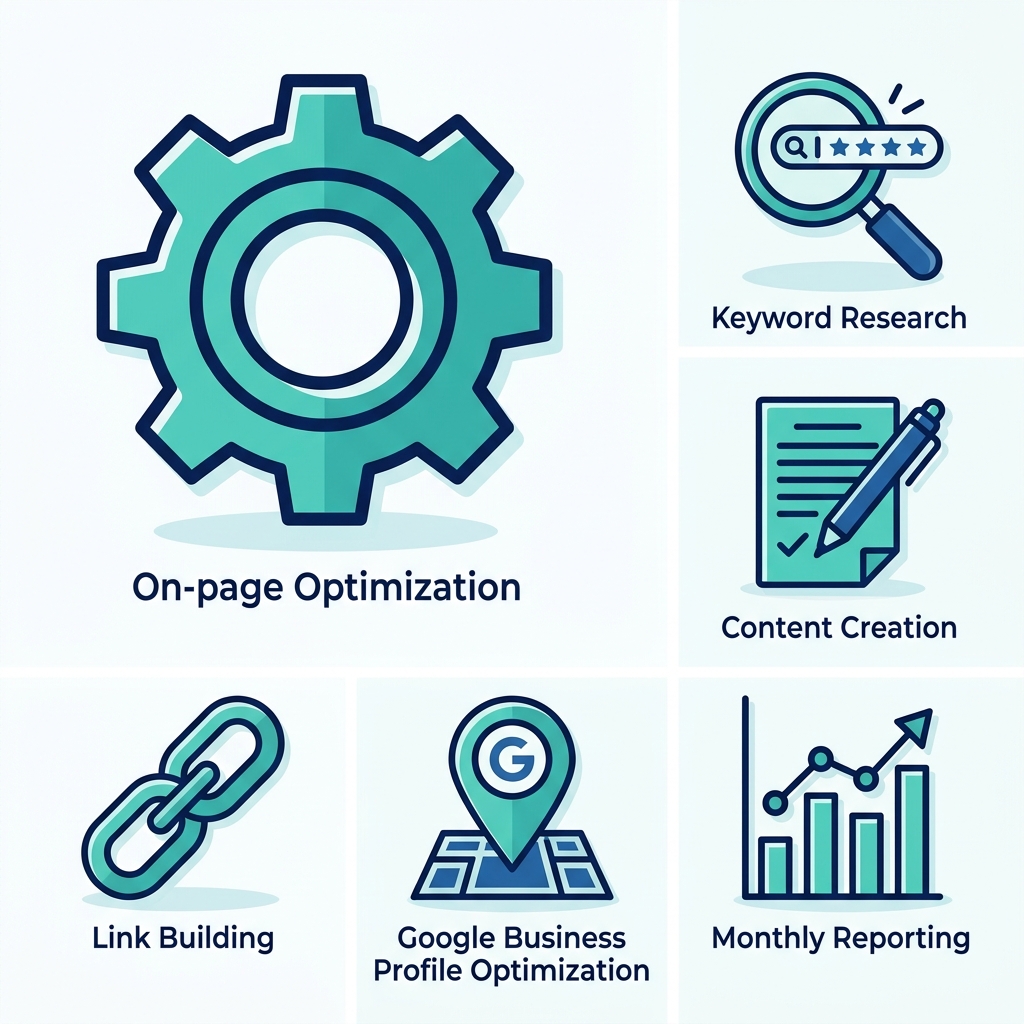 A 3x2 grid of flat icons representing SEO services: gear, magnifying glass, pen and paper, chain links, map pin, and bar graph in blue and teal.
