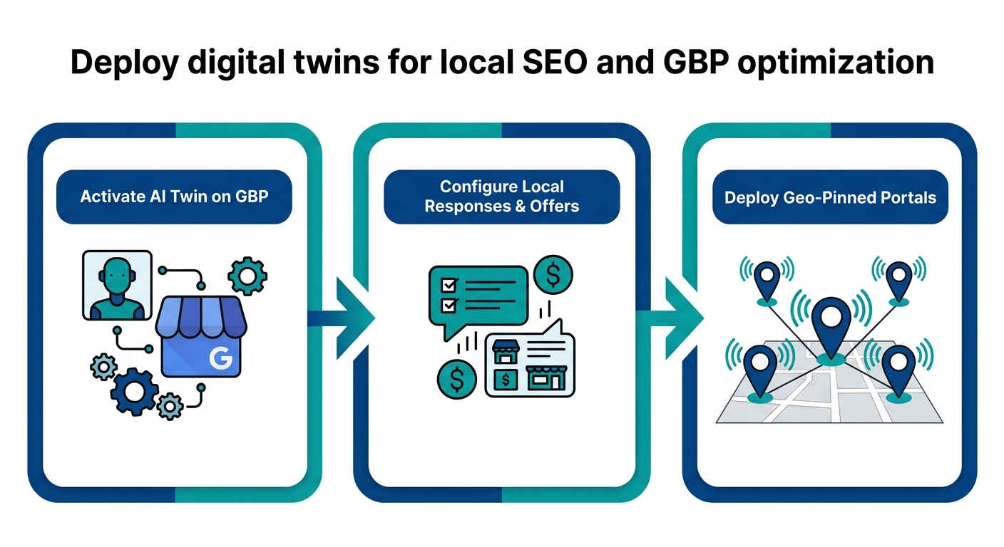 Horizontal process flow diagram with three rounded stages for deploying digital twins for local SEO and GBP optimization.