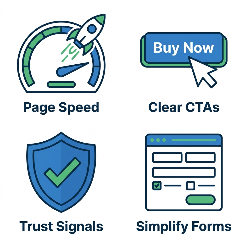 A 2x2 grid icon set for small business CRO improvements: a speedometer with rocket labeled 'Page Speed', a cursor clicking a 'Buy Now' button labeled 'Clear CTAs', a shield with checkmark labeled 'Trust Signals', and a simplified form with fewer fields labeled 'Simplify Forms'. Flat design in blue and green on white background.
