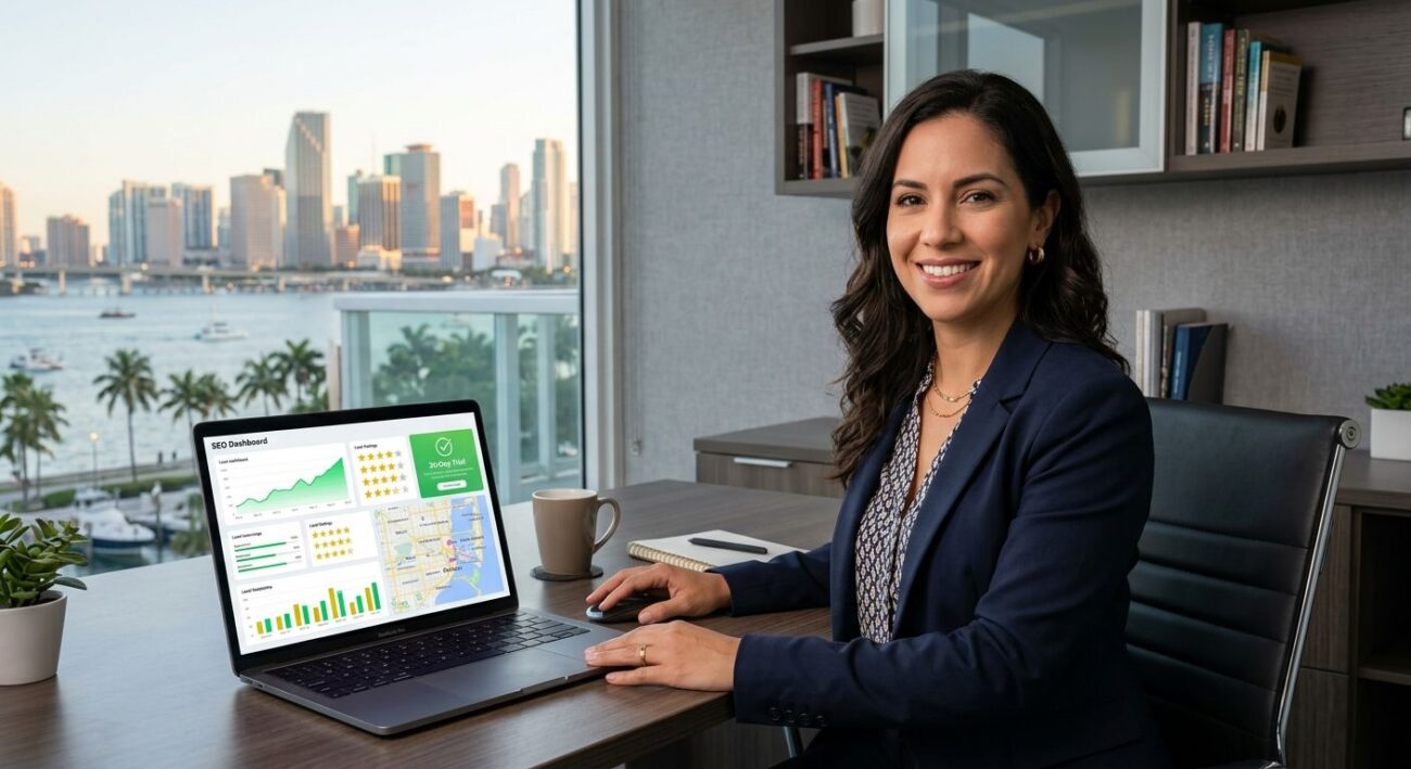 Miami business owner at a desk with a laptop showing a local SEO dashboard and map, with a view of the Miami skyline and palm trees through the window.