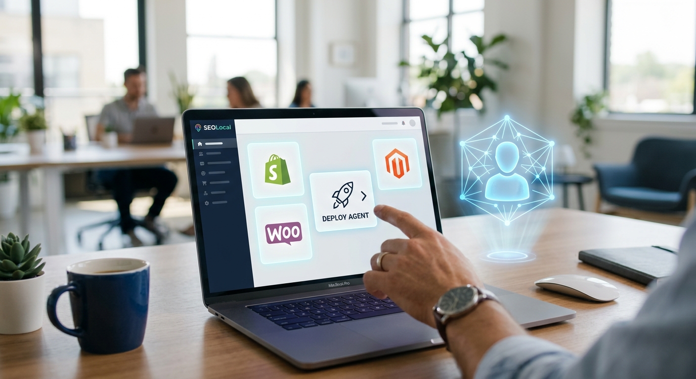 Modern ecommerce workspace with a laptop displaying SEOLocal dashboard, Shopify, WooCommerce, and Magento integration icons, a translucent holographic AI agent icon hovering, and a human hand touching the screen to deploy an agent, set in a bright airy office with subtle technology accents.