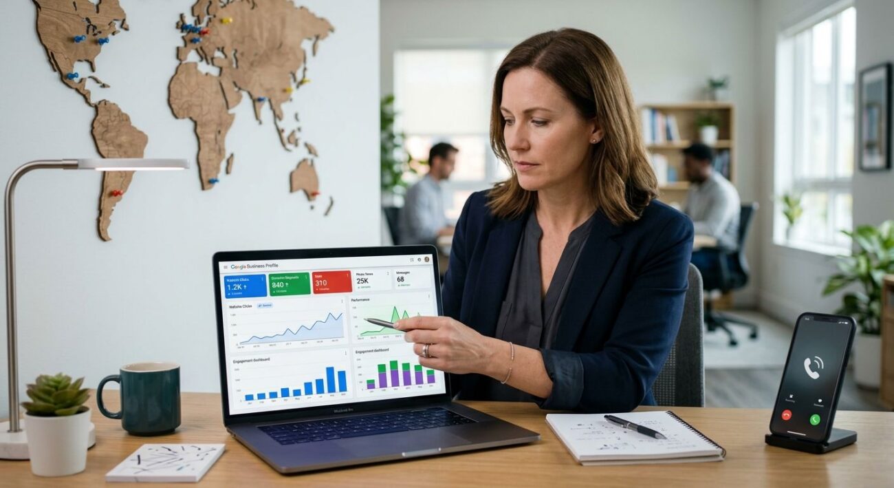 Business owner reviewing Google Business Profile engagement metrics on laptop screen with map and smartphone