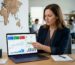Business owner reviewing Google Business Profile engagement metrics on laptop screen with map and smartphone