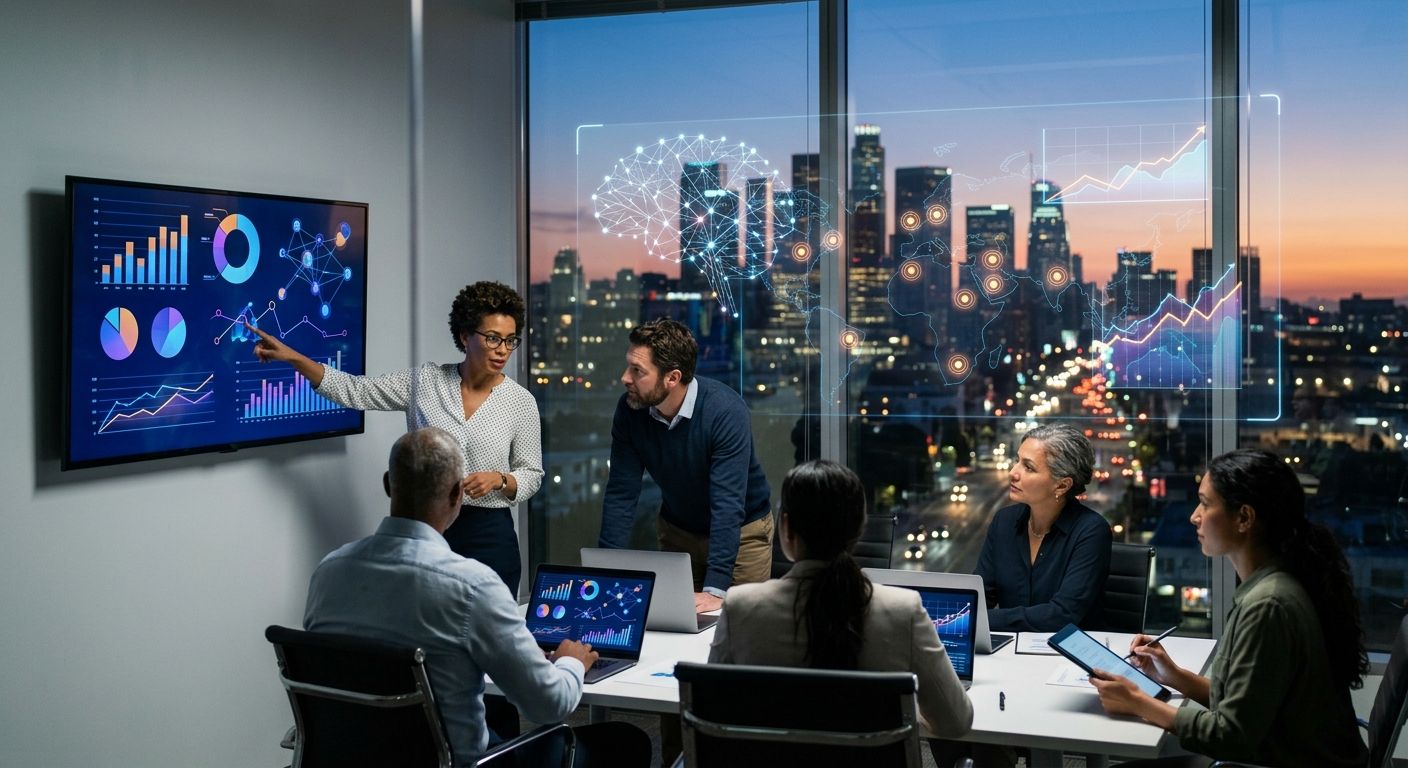 Professional photograph of Los Angeles skyline at dusk with digital SEO and AI overlays, diverse marketing team analyzing data in modern office