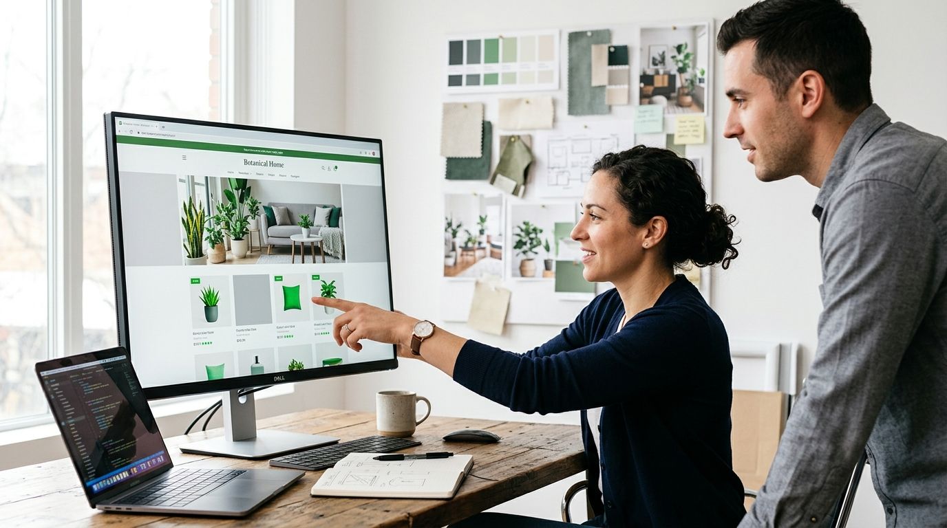Web designer presenting a custom Shopify ecommerce theme to a colleague on a large monitor in a bright modern office.