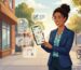 Small business owner viewing a glowing local map on smartphone in a warm neighborhood street, surrounded by floating icons symbolizing hyper-local marketing