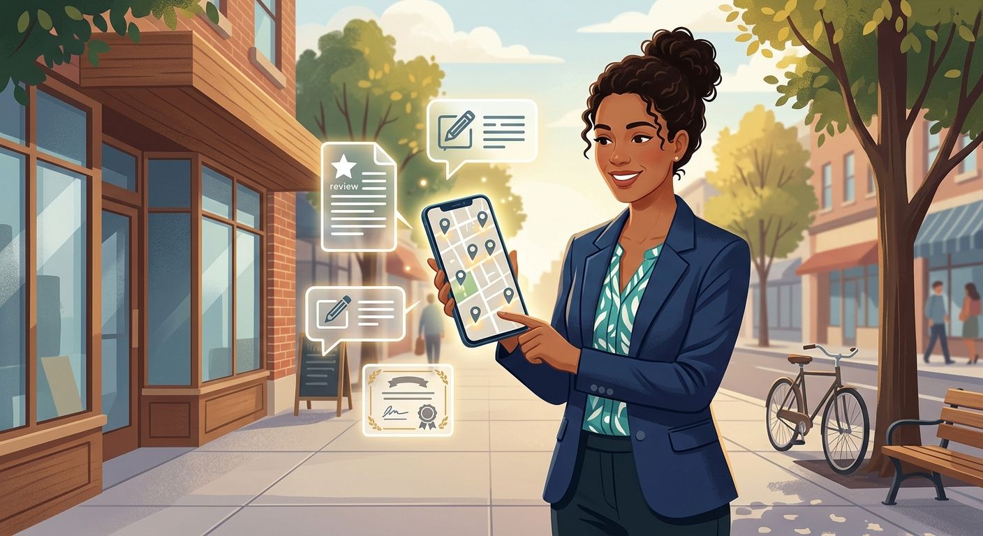 Small business owner viewing a glowing local map on smartphone in a warm neighborhood street, surrounded by floating icons symbolizing hyper-local marketing