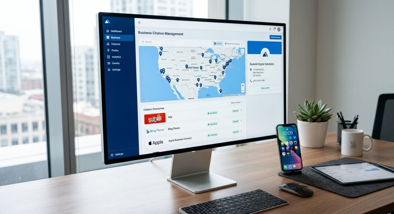 A clean desktop workspace with a monitor showing a citation management dashboard, a US map with pins, and directory logos, with a smartphone and tablet on the desk.