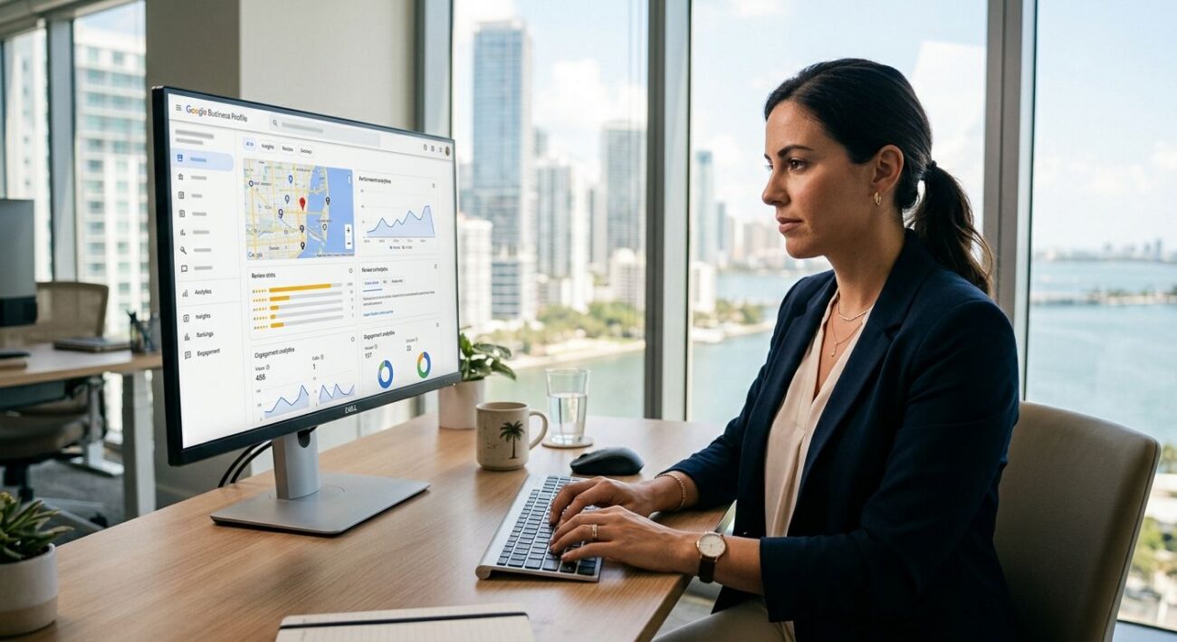 SEO consultant reviewing Google Business Profile dashboard in Miami office