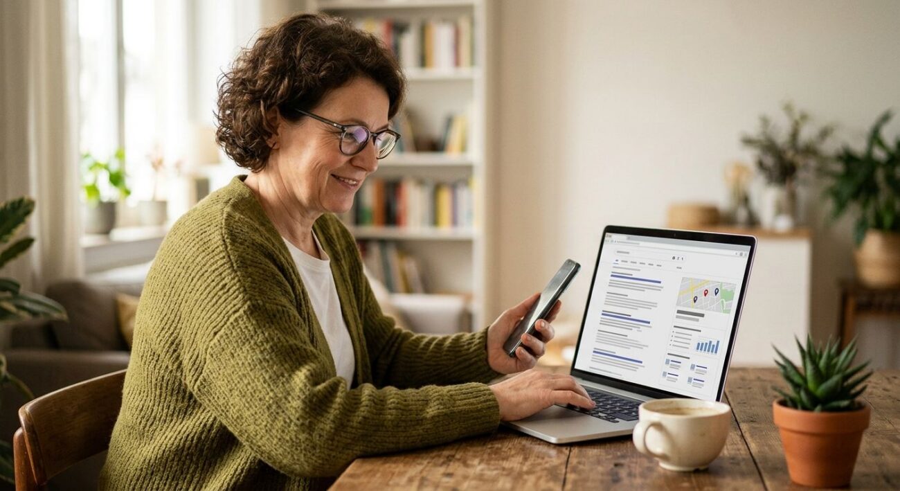 A business owner at a laptop with an AI Overview panel on the search results showing local business data and a map. Soft light, coffee cup, small plant, smartphone in hand.