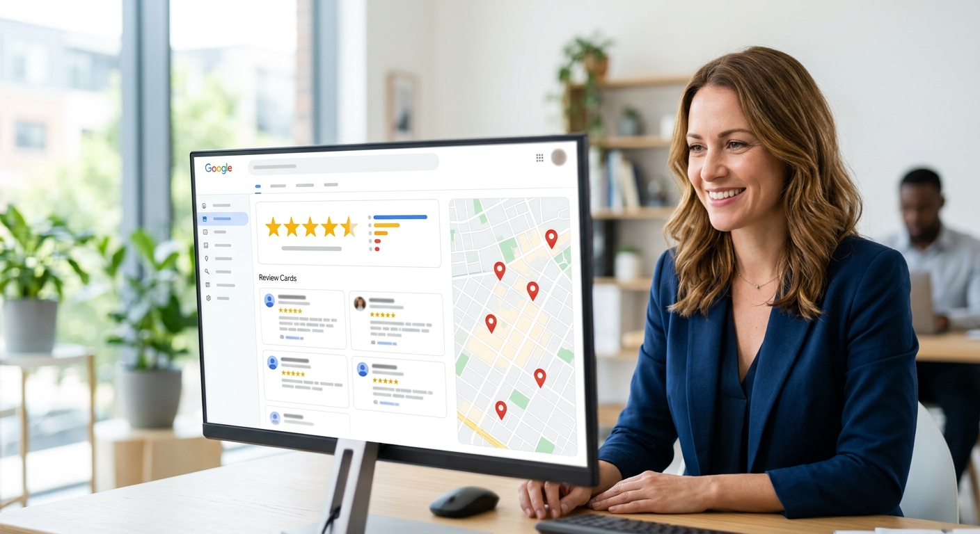 Smiling business owner viewing a Google Business Profile dashboard with star ratings and a map on a desktop monitor in a bright office