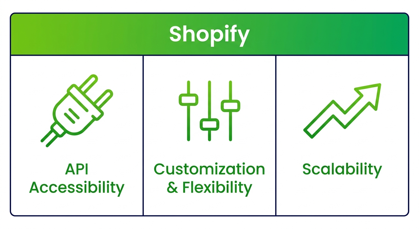 Infographic comparing Shopify platform features including API accessibility, customization and flexibility, and scalability.