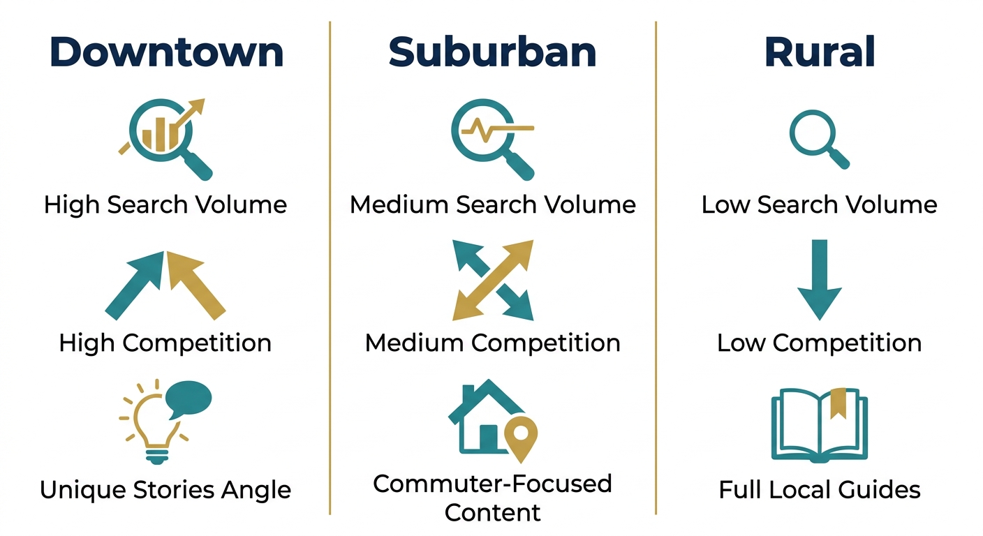 Three-column infographic comparing Downtown, Suburban, and Rural neighborhoods for hyper-local SEO content strategy. Each column shows a header with three icons and labels for search volume, competition, and content type.