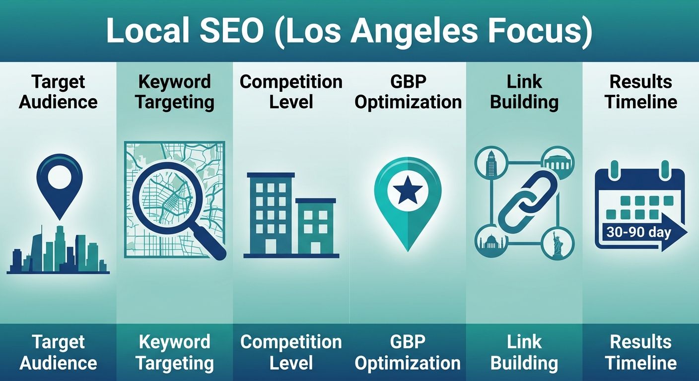 Infographic comparing local SEO and national SEO strategies for Los Angeles highlighting audience, keywords, competition, GBP, links, and timeline differences