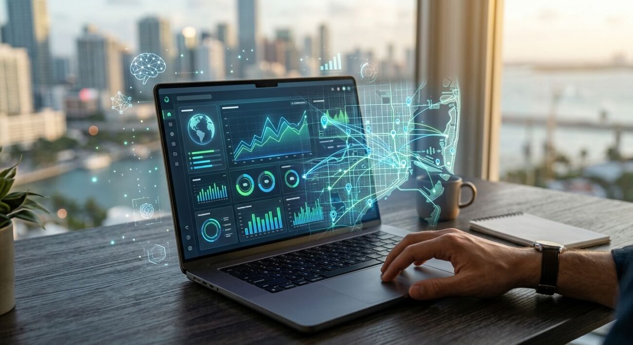 Professional digital marketing scene with laptop on desk displaying AI link building dashboard over Miami map