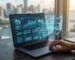 Professional digital marketing scene with laptop on desk displaying AI link building dashboard over Miami map
